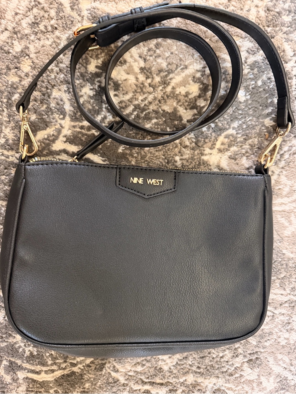 NINE WEST Black Faux Leather Crossbody Shoulder Bag Gold Hardware